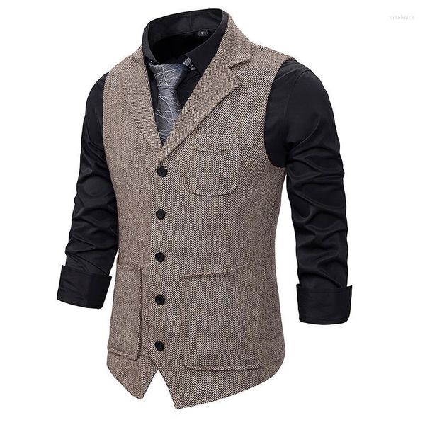 Chalecos para hombre Chaleco de traje para hombre 2023 Moda coreana Múltiples bolsillos Herringbone Tweed Chaleco para hombre Formal Business Slim Fit Chaqueta sin mangas1