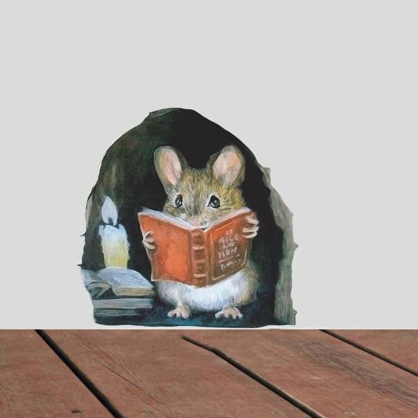 Altri adesivi decorativi Cartoon Mouse Reading Wall Sticker Camera dei bambini Decorazione domestica Murale Soggiorno Camera da letto Carta da parati Rimovibile Funny Rats Stickers 230111