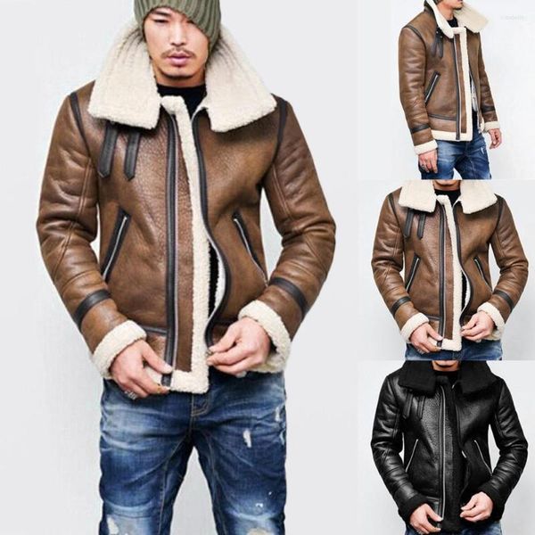 Pelliccia da uomo Autunno Inverno Uomo Giacca in ecopelle Spessa Collo rovesciato Fodera calda Risvolto Cerniera Capispalla Top Coat Deri Mont Erkek