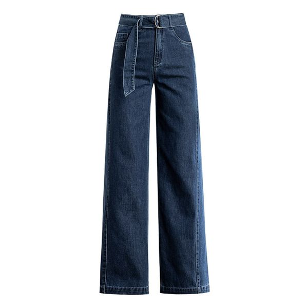 Damen-Jeans, weites Bein, hohe Taille, elastisches Band, große Yards Stretch, mit Gürtel, lang, Frühling, Herbst, verdickter Denim, Übergröße, S 6XL, 230111