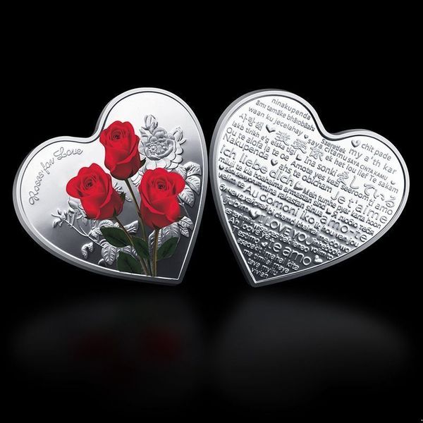 Kalp şeklindeki Gül Sevgililer Günü hediyesi metal hatıra paraları 52 Diller Seni Seviyorum Madalya Mücadelesi Para El Sanatları FY2672