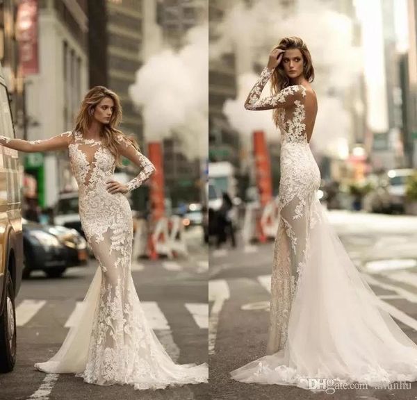 Abiti da sposa vintage a sirena in pizzo a maniche lunghe Berta a maniche lunghe Abito da sposa sexy con applicazioni trasparenti Vedere attraverso abiti da sposa senza schienale Custom Made BC11229