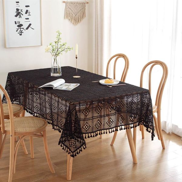Tischdecke, handgefertigt, gehäkelt, hohle Baumwolle, schwarze Tischdecke für Spitze, Quastendekoration, rechteckige Esszimmer- und Küchenabdeckung, Mantel