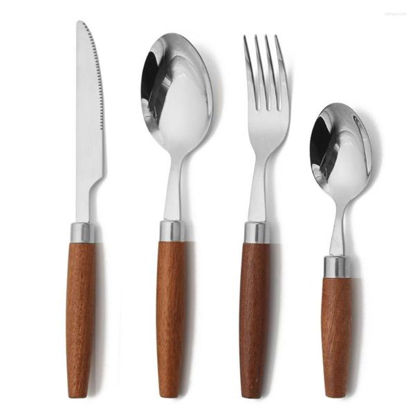 Conjuntos de utensílios de jantar 16/24pcs Calhas de madeira naturais Conjunto de tabela 18/10 Colher de faca de aço inoxidável e Fork Dinnereware de garfo talheres de cozinha