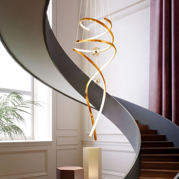 Lampade a sospensione moderne a spirale Lunghe scale di lusso americane dorate Lampade a sospensione Apparecchio Grande lampada a sospensione europea Home Hotel Villa LOFT Hotel Hall Droplight