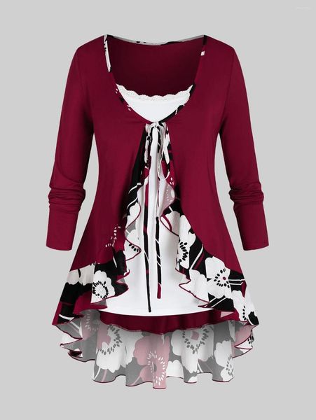 T-shirt da donna Camicetta a fiori ROSEGAL e canotta sottile Set da due pezzi da donna 5XL Cardigan a tunica con cravatta a maniche lunghe con scollo a barchetta femminile autunno