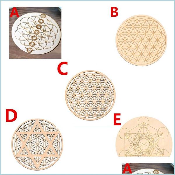 Outra decora￧￣o de casa 10pcs Chakra Flower of Life S￭mbolo natural C￭rculos de borda redonda de madeira esculpida para conjunto de cristais de pedra DIY tapetes dr dhost