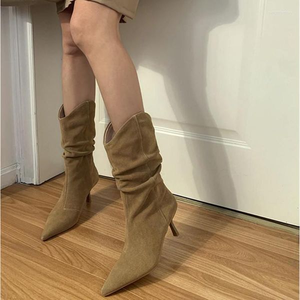 Kleiderschuhe Vollleder gegen Mundhaufen gefaltete Kurzstiefel Frauen matte Stiletto High Heels spitzspitzige Zehenritter -Aprikosen Mode