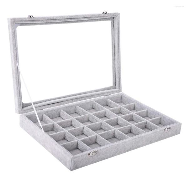 Sacchetti per gioielli SZanbana Large Grey 24Grid Vassoio in velluto Vetrina con serratura in metallo Espositore per finestre in vetro Organizer Custodia rimovibile