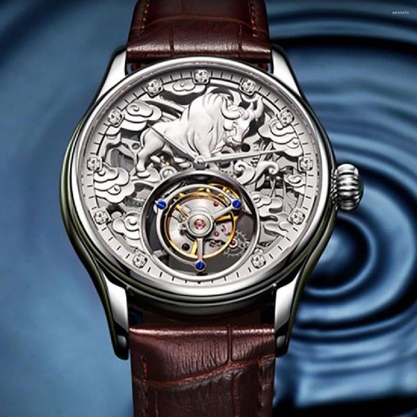 Orologi da polso AESOP Real Tourbillon Skeleton Watch For Men Top Orologi meccanici Impermeabili 2023 Zodiac Bovini