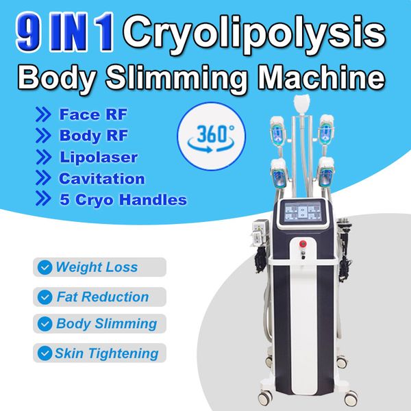 Multifuncional 9 em 1 Criolipólise Cavitação da máquina de congelamento de gordura 650nm Lipolaser Remoção de gordura Perda de peso RF Anti-Rlegink Device Salon Uso doméstico