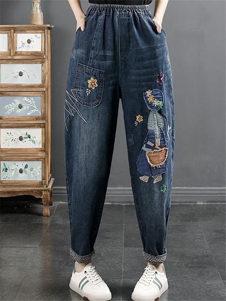 Jeans da donna Retro Cartoon Girl Pasta Panno Ricamo Donna Autunno Inverno Moda Elastico in vita Pantaloni larghi alla caviglia Harem Denim 230111