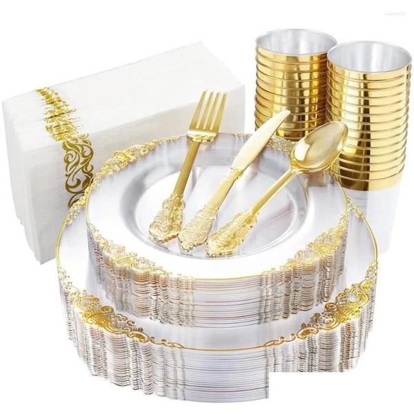 Talheres de talheres descartáveis ​​bandeja plástica de ouro transparente com óculos Sierware Festas de festas de casamento de aniversário de 10 pessoas Conjunto Drop Deliver Dhyos