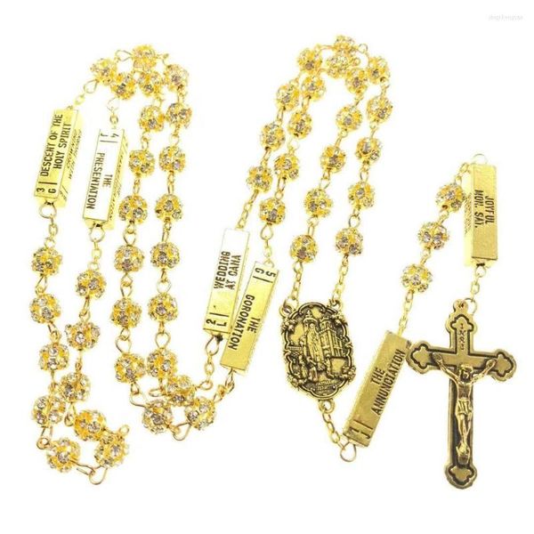 Collane con ciondolo Blingbling 8mm Perline di strass di cristallo color oro Cinque misteri Rosario Rosario cattolico religioso