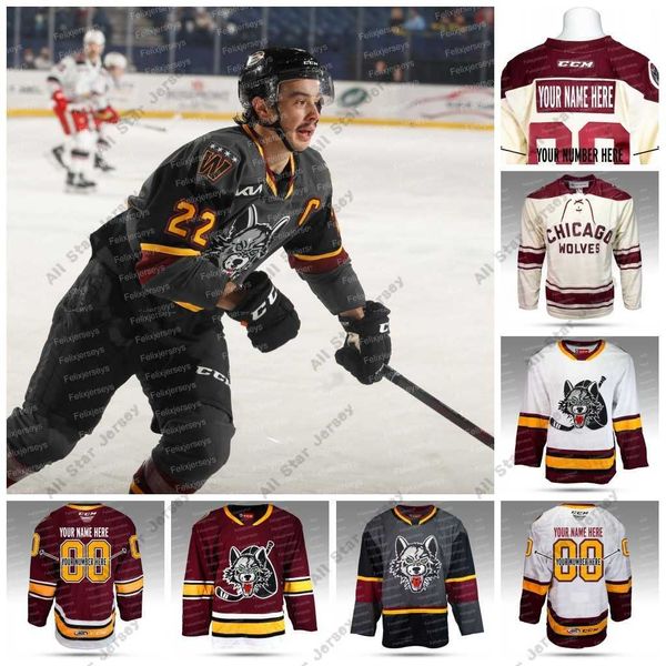 L'hockey universitario indossa la maglia da hockey AHL dei Chicago Wolves Joey Keane Andrew Poturalski Stefan Noesen CJ Smith Eric Williams Jack Drury Fitzgerald Josh Leivo Rees