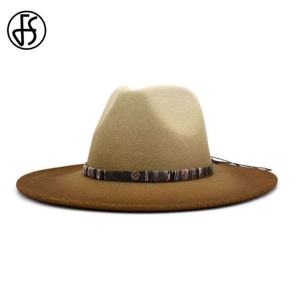 Cappelli a tesa larga Donna Uomo Feltro di lana Jazz Fedora Stile Panama Cowboy Trilby Party Abito formale Cappello Colore sfumato Beige Cachi