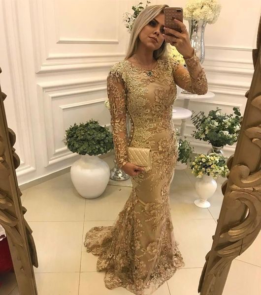 Elegante abito da sera a sirena in pizzo floreale oro maniche lunghe applique abito lungo da ballo con perline abiti da festa per eventi formali abiti classici da donna per la madre