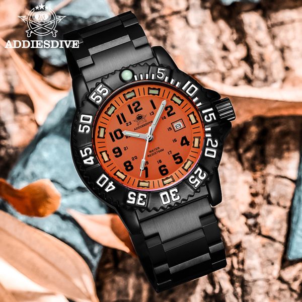 Avanadores de punho Addies Men Menas Moda Casual Relógio Calendário Display 50m Tubo à prova d'água Relógio luminoso Dial Orange Rotcing Buzel Quartz Watch 230113