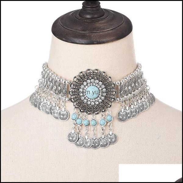 Chokers Declaração Colar de colar de gargantilha para mulheres Bohemian Vintage Flor Crystal Rhinestone Gypsy Bead Coin Tassel Jóias OTAM2