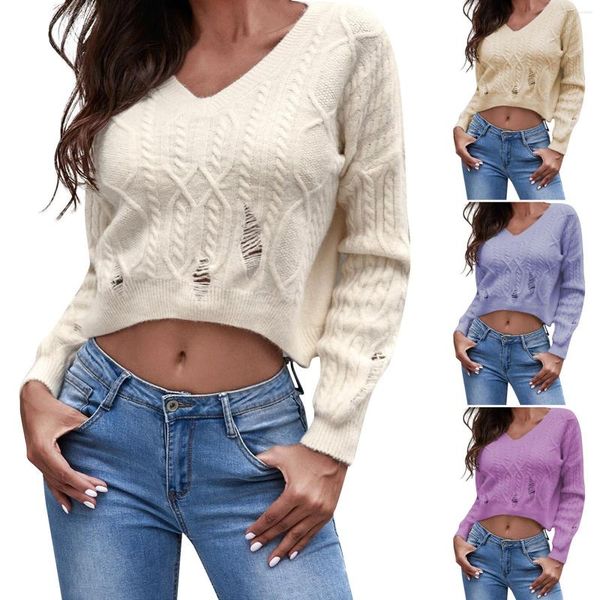 Camisetas femininas Frente de inverno feminino Frente curto traseiro de malha longa de malha comprida suéter de decote em V rasgado