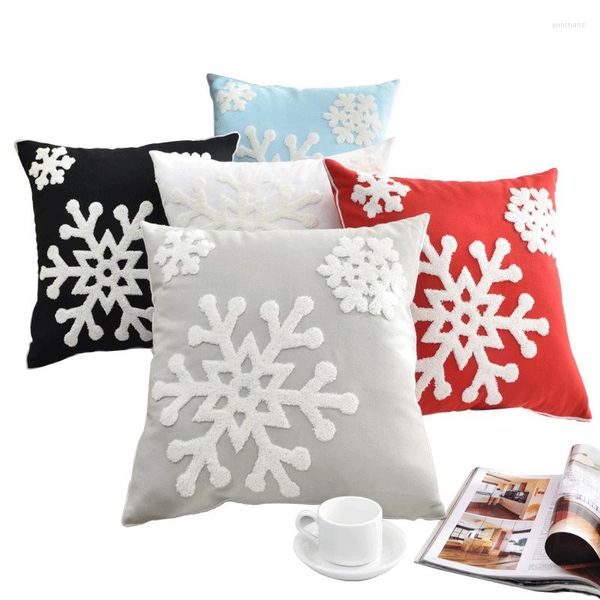 Travesseiro junwell 45 45cm estilo de natal algodão lona de lã Bordado de neve flor decorativa vermelha preta branca