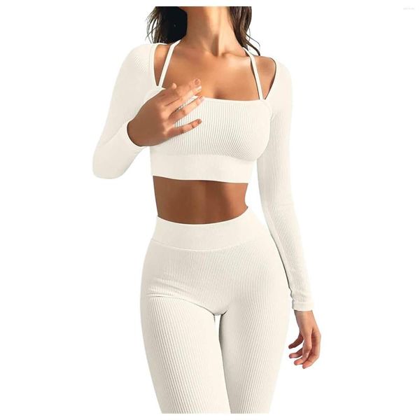 Set attivi Abiti da yoga per donna 2 pezzi Allenamento a costine senza cuciture Vita alta Pantaloni eleganti da donna Tute Mat Set Top e