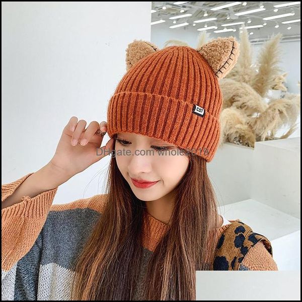 Beanie/Skull Caps Beanie/Skl Cute Hat With Ears Warm Women Knitted Winter Cat Sklies Woman Outdoor Berretti Panama Lady Cap Drop Deli Otjhl