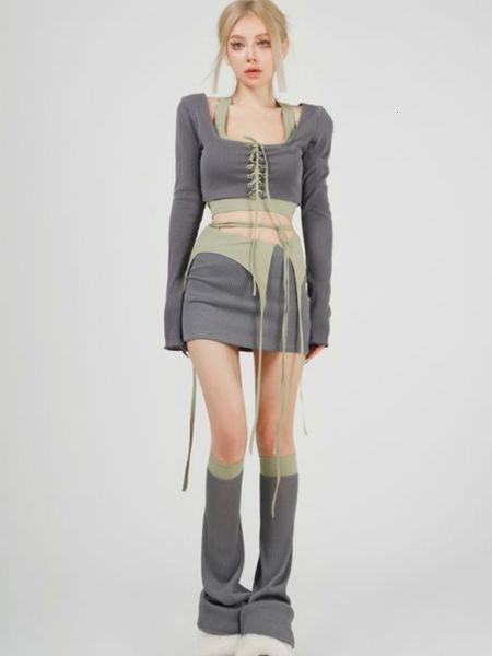 Zweiteiliges Kleid Koreanische Mode Outfits Langarm Crop Bandage Tops Hohe Taille Bleistiftröcke Flare Beinwärmer Y2k Ästhetische 3-teilige Sets 230113