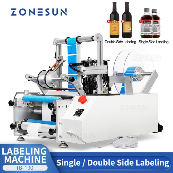 Zonesun ZS-190 Máquina de marcha de máquina de embalagem de embalagem de embalagem semi-automática lata de plástico lata de vidro garrafa de garrafa de garrafa de garrafa para lados duplos únicos