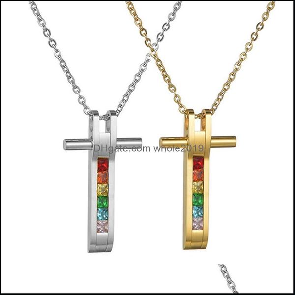 Charms Drop Mode Edelstahl Regenbogen Diamanten Anhänger Gold Farbe Gleichgeschlechtliches Paar Schmuck Unisex Kreuz Halskette Lieferung Findi Otjmd