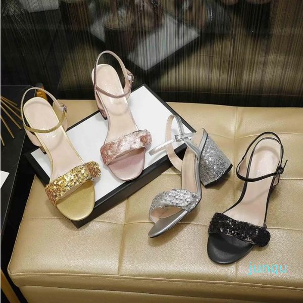 Nuove ragazze di arrivo moda sandali con tacco con paillettes estate casual da donna tacco spesso all'aperto scarpe da donna nero grande