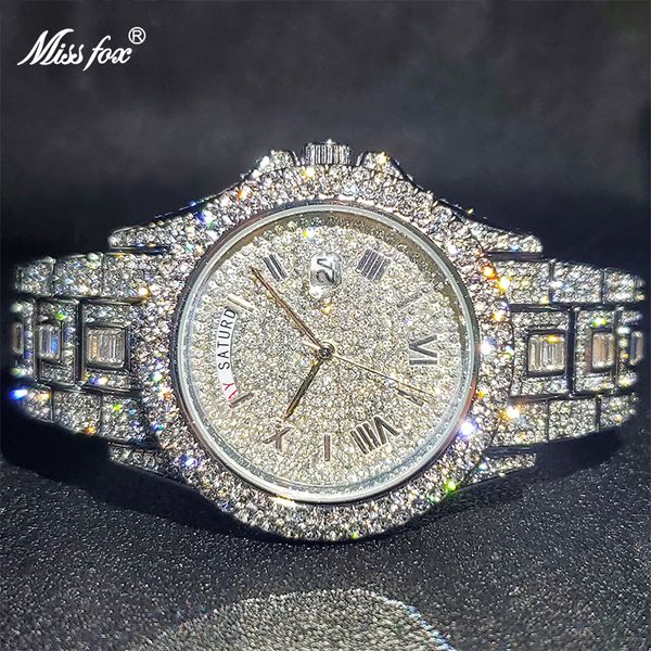 Relógios de pulso Relogio Masculino Luxo MISSFOX Ice Out Diamond Watch Multifuncional Day Date Adjust Calendar Quartz Watchs For Men Dro 230113