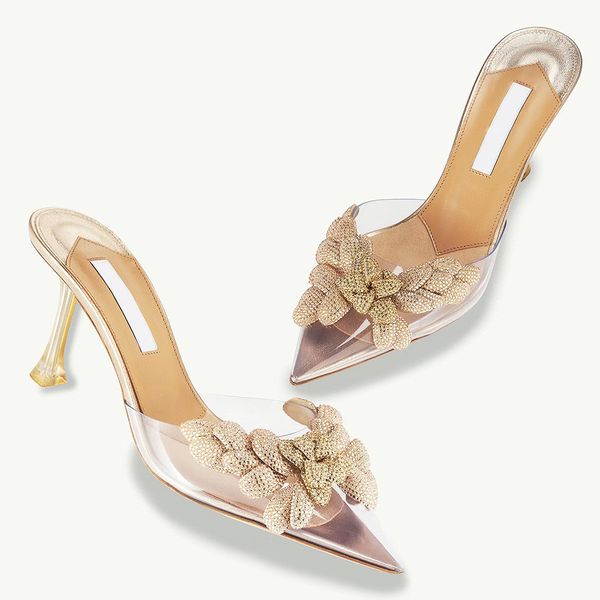 Aquazura Galactic Flower Chinelos Glijbanen Dameshak Tofflor 8.5cmStiletto Hakken Sandalen Transparente PVC Muilezels Klassieke Mode Vrouwen Schoenen Zomerjurk