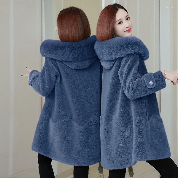 Pelliccia da donna Spalle cadenti Colletto in piumino con cappuccio Cappotto da tosatura delle pecore da donna Composito lungo 2023 Parka per donna Inverno 537