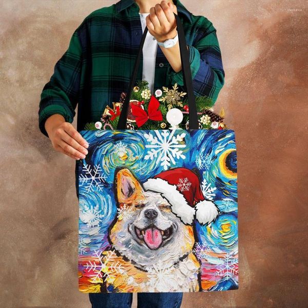 Avondtassen 2023 Casual Grote Capaciteit Opvouwbare Handtas Kerst Hond Canvas Shopper Draagtas Afdrukken Harajuku Vrouwen Herbruikbare Schoudertas