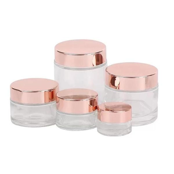 Garrafas de embalagem jarra de creme de vidro fosco de vidro de loção para garrafas de cosméticos transparentes Recipiente labial com tampa de ouro rosa 5g 10g 30g 50g 100g gota dh4oc