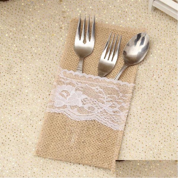 Partydekoration 21 x 11 cm Vintage Jute Geschirr Beutel Tasche Sackleinen Spitze Messer und Gabel Tasche Besteckhalter für Hochzeit Za1341 Drop Dhuez