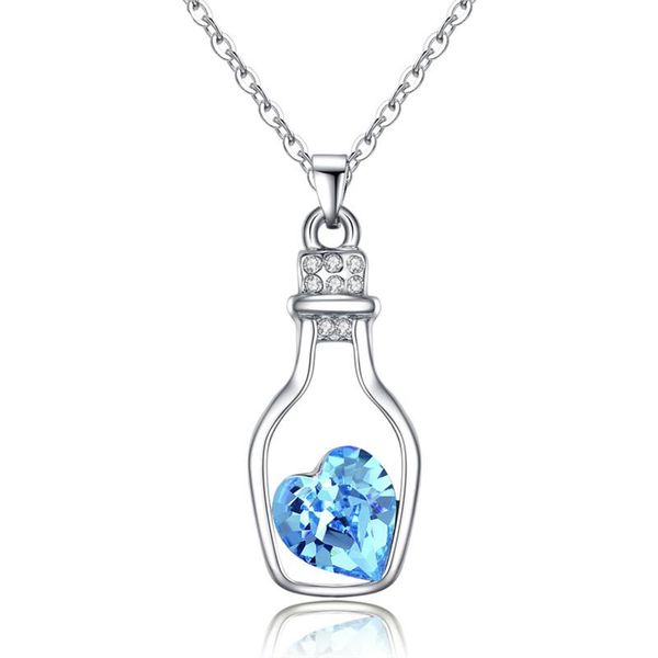 Anhänger Halsketten Trendy Kristall Blau Herz Flasche Anhänger Halskette Für Frauen Party Zubehör Mode Silber Überzogene Mädchen Halsband Bijou