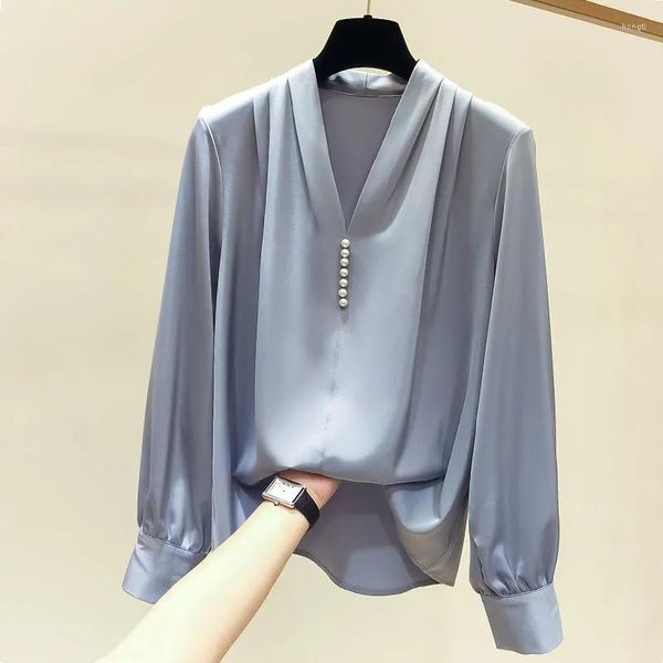 Damenblusen Damenmode Frühling Herbst Stil Chiffonhemd Nietenperlen V-Ausschnitt Langarm Einfarbig Koreanisch Elegant Tops Femme