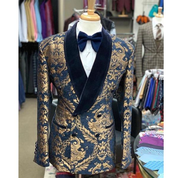 Ternos masculinos Blazers Floral Jacquard Prom Blazer para Mens Slim Fit com Shawl Blue Shawl de Velvet Navio Double