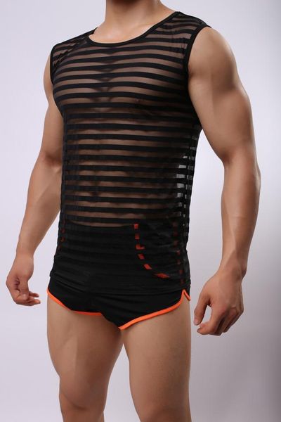 Männer Body Shaper Atmungsaktive Gaze Streifen Weste Ultradünne Außenhandel Transparente Ärmellose Hemden (ohne Shorts)