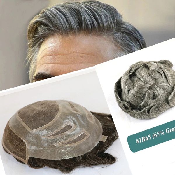 Versalite Resistente Toupee da Uomo 100% Capelli Umani Parrucca Maschile Unità 1B65 Pezzo di Capelli Grigi per Uomo Frontale in Pizzo Fine con Protesi in PU Nero Naturale