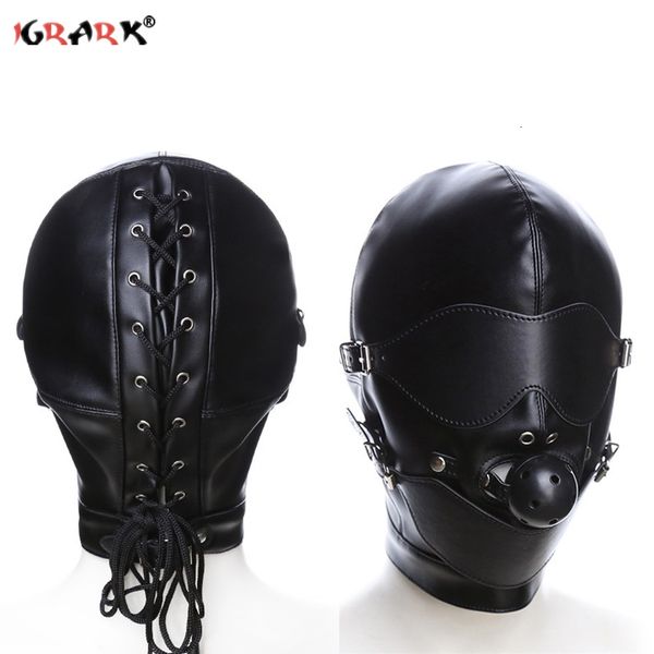 Bondage BDSM Sex Mask Cappuccio fetish con gag Pelle Deprivazione sensoriale Giochi di schiavi per adulti Giocattoli a testa piena per donne Uomini 230113