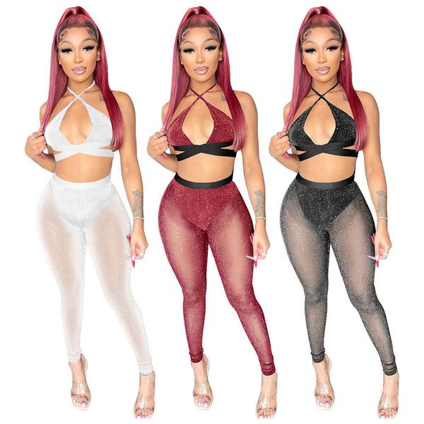 Zweiteiliges Kleid Echoine Schwarz Sheer Mesh Durchsichtig Sexy Hosen Set Schnürverband Neckholder Crop Top Legging Hosen Passendes Set Club Outfits T230113