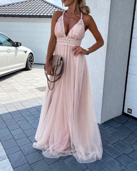 Casual Kleider 2023 Halter Backless Häkeln Spitze Mesh Rosa Lange Prom Kleid Sommer Damen Sexy Party Damen Roben Vestidos Mujer