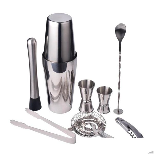 Strumenti da bar 9Pcs / Set Acciaio inossidabile Cocktail Shaker Mixer Drink Bartender Browser Kit Bar Set professionale Lz0946 Drop Delivery Home Dh3Uk