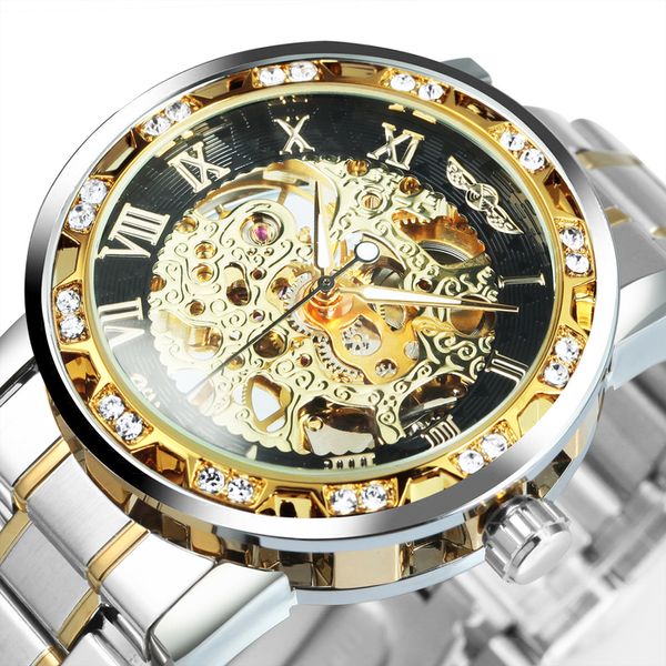Наручительные часы Прозрачные скелетные часы для мужчин Механические наручные часы алмазные часы мужские роскошные ремешки из нержавеющей стали Unisex Clock 230113
