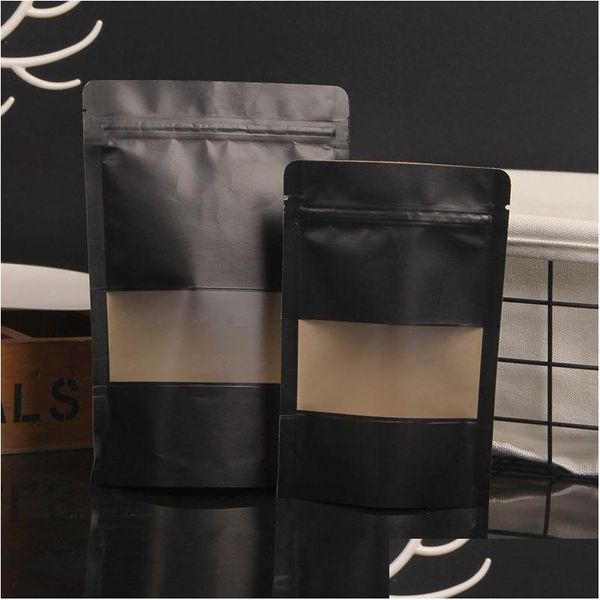 Packing Bags 4 Size Black Kraft Paper Frosted Window Bag Stand Up Snack Cookie Tea Coffee Packaging Xmas Gift Pouch Lx Drop Delivery Dhe5K