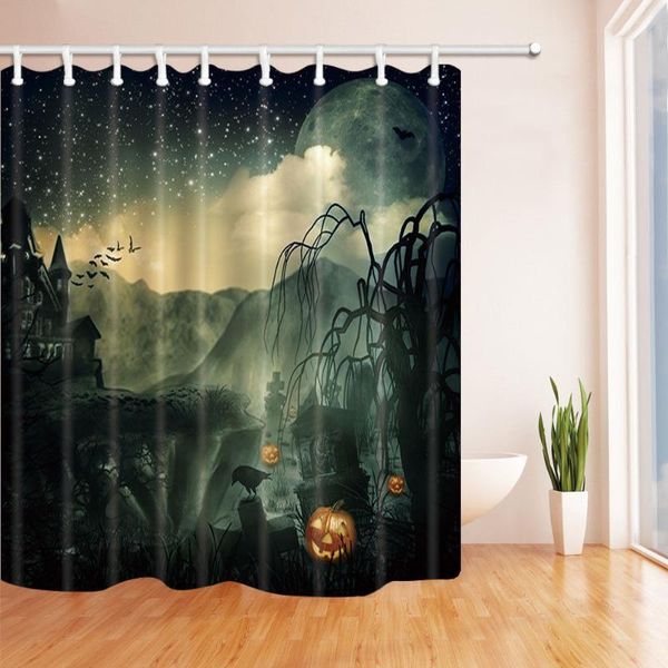 Tende da doccia Halloween Spaventoso Foresta di montagna Tenda da bagno Tessuto in poliestere Impermeabile Decorazioni per la casa Bagno con ganci