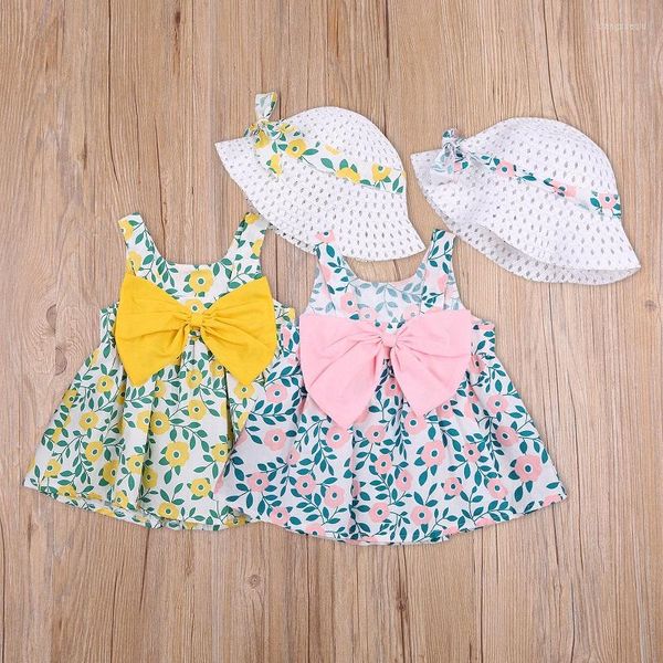 Mädchen Kleider Prinzessin Kleid 2023 Sommer Infant Kinder Baby Ärmellose Blumen Bogen Boho Hut 2PCS Outfits Mädchen Kleidung